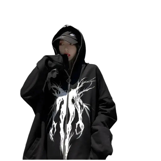 Black punk hoodie featuring a white abstract tree design, perfect for Y2K fashion