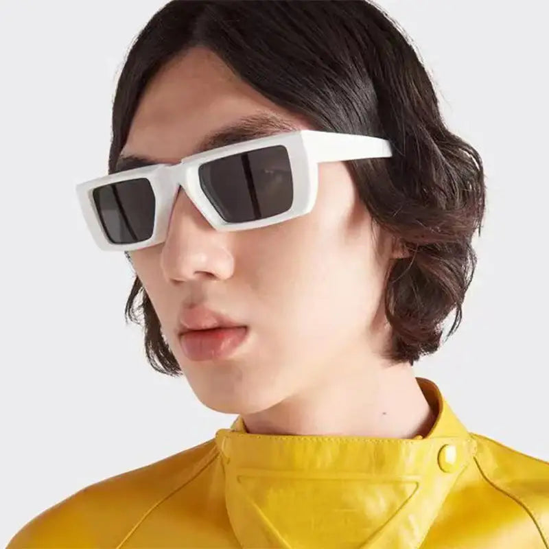 White Punk Square Sunglasses with dark lenses worn by a person in a yellow top