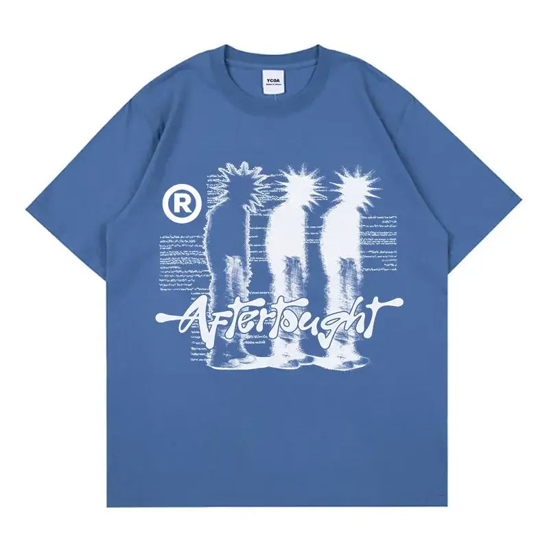 Blue Punk T Shirt featuring white palm tree graphic design, ideal Y2K clothing for men