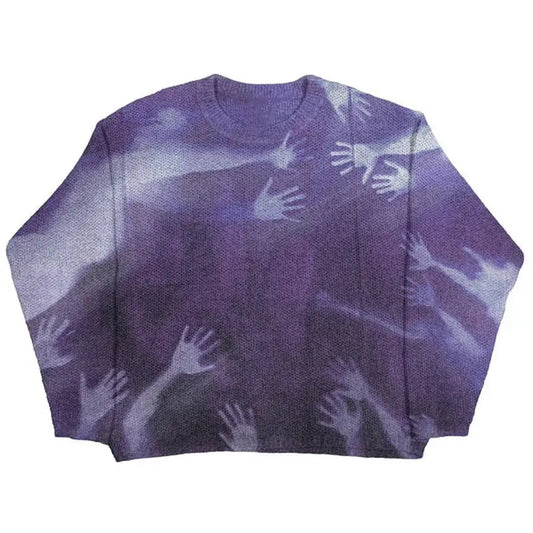 Purple sweater with ghostly hand prints design, a perfect blend of Y2K style