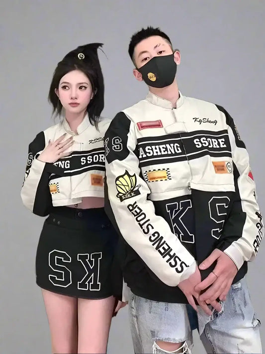 Two people in stylish Racing Jackets featuring Y2K vintage design and logos