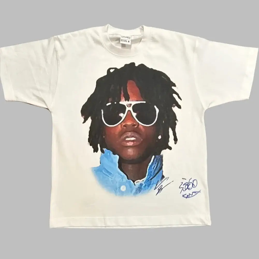 Rapper Graphic T Shirt showcasing a graphic portrait of a person with sunglasses and dreadlocks