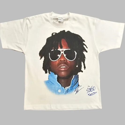 Rapper Graphic T Shirt showcasing a graphic portrait of a person with sunglasses and dreadlocks