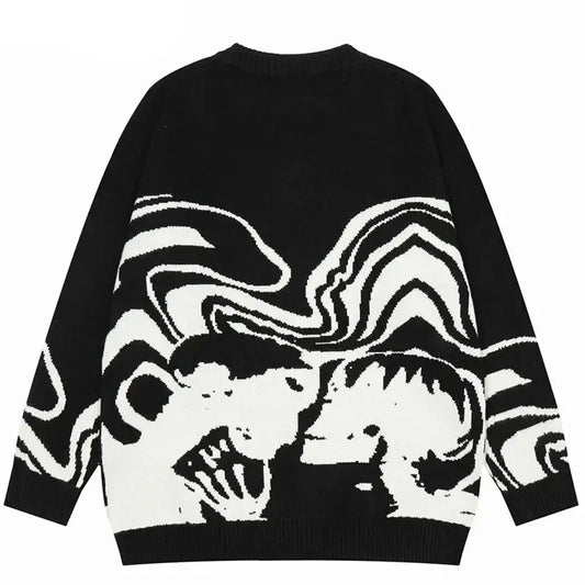 Black Rat Sweater with abstract white wavy patterns and stylized faces, perfect for Y2K style