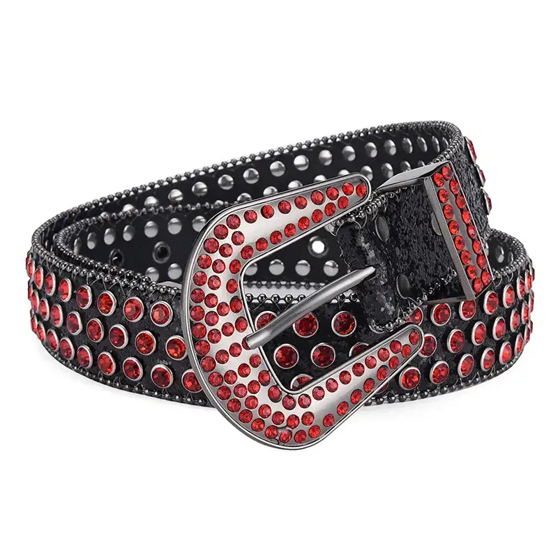 Studded black leather belt featuring a red rhinestone buckle from the Red Diamond Belt collection