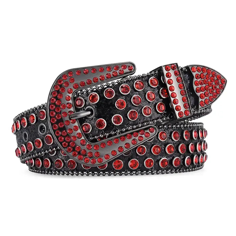 Studded black leather Red Diamond Belt featuring vibrant red gemstones for a striking look