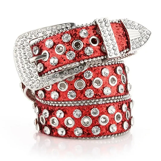 Glittery red rhinestone belt featuring a crystal-encrusted buckle and rhinestone accents