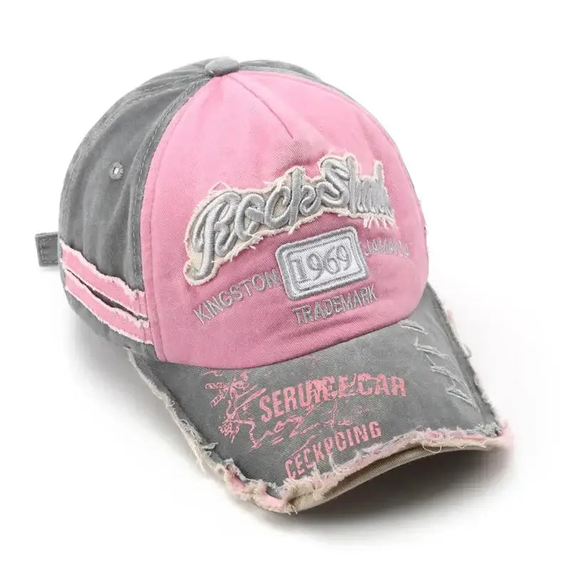 Pink and gray Retro Cap with Goodstuff embroidery and distressed edges for Y2K style