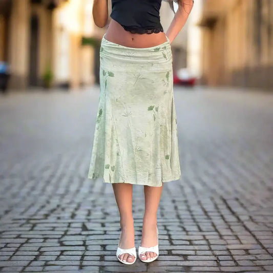 Pale green floral midi skirt with flared silhouette in Retro Floral Skirt design