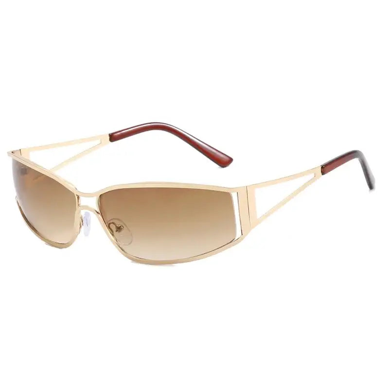 Gold-framed retro style sunglasses with gradient brown lenses and burgundy temple tips