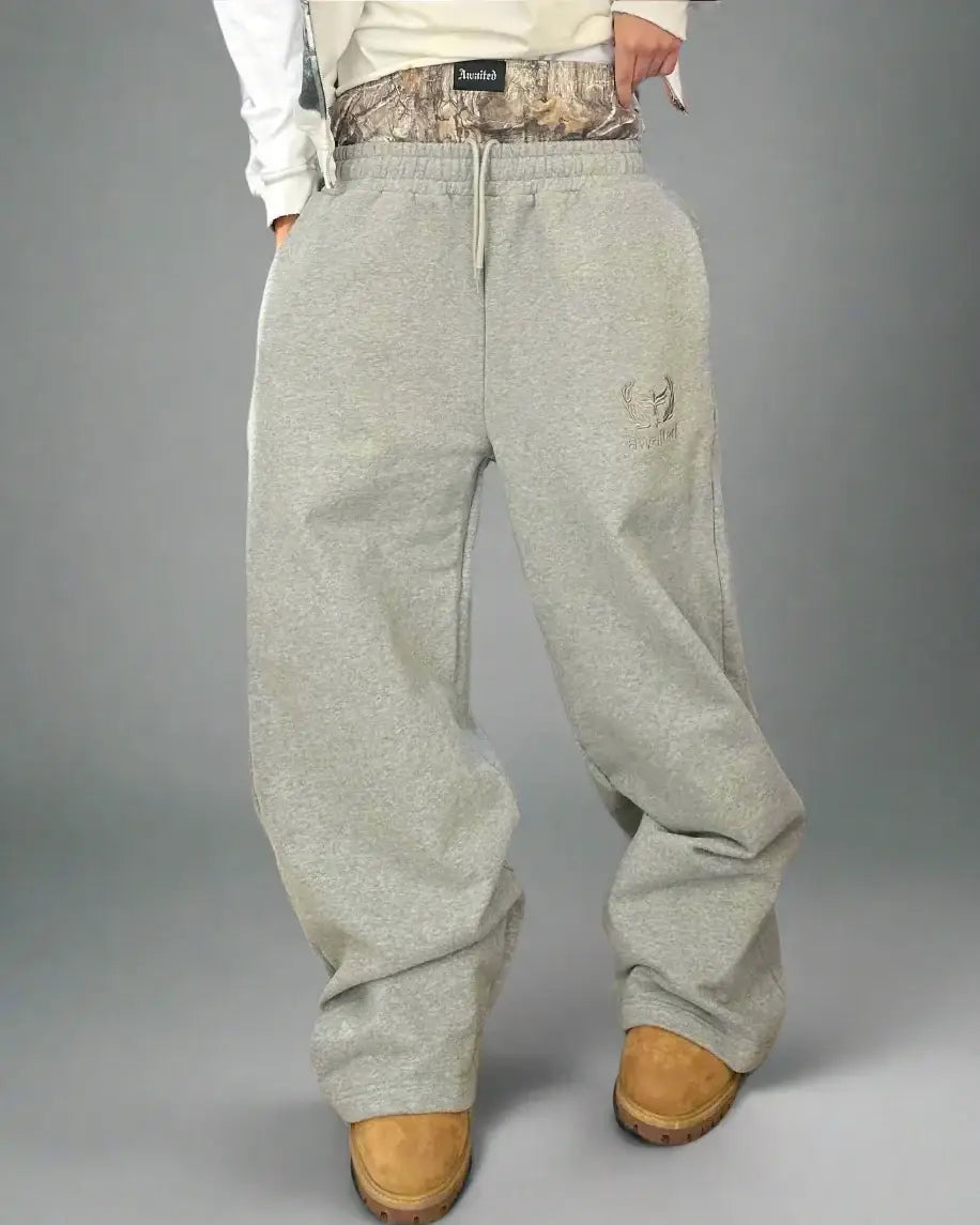 Loose-fitting light gray Retro Sweatpants with patterned waistband, perfect for Y2K clothing men