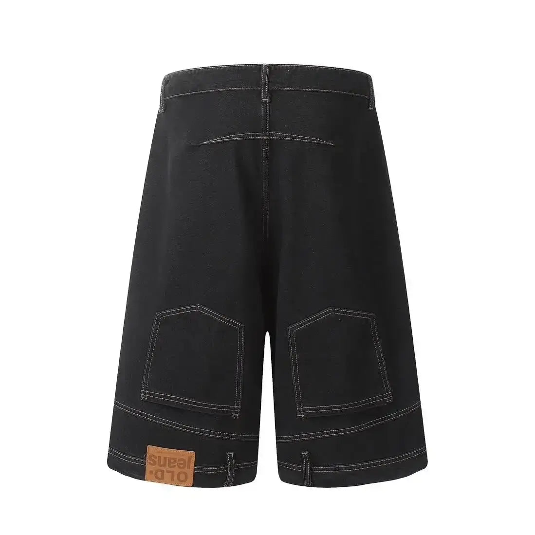 Black denim Reverse Jean Shorts with contrasting stitching and a stylish leather patch