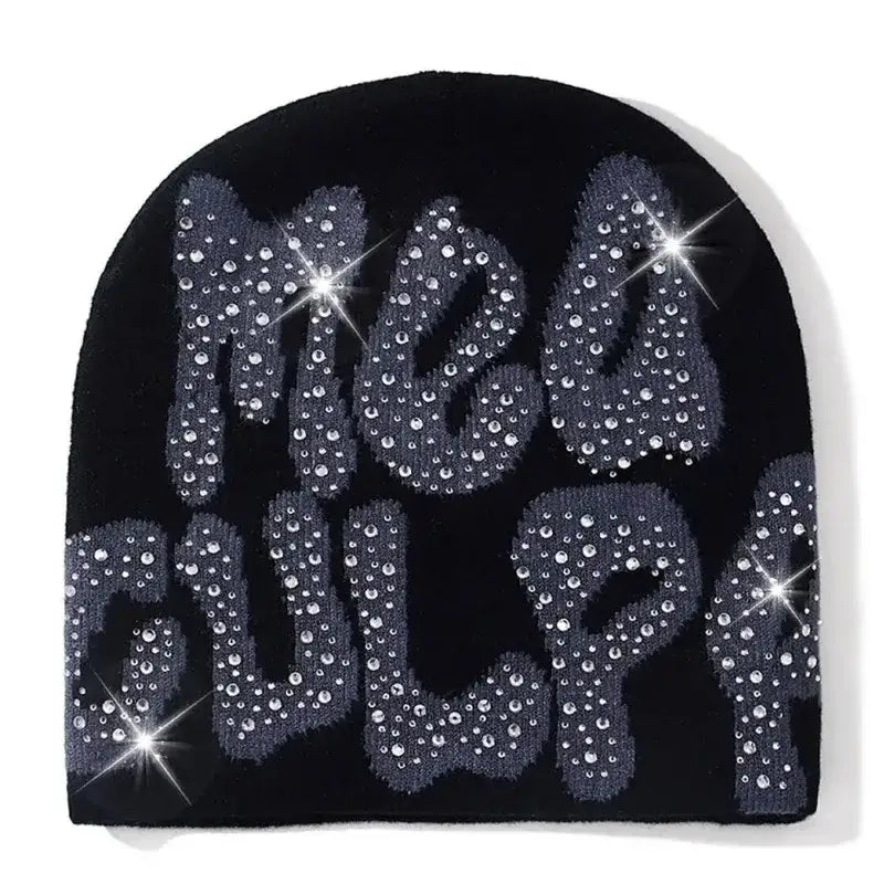 Black rhinestone beanie with sparkly Rock text for a Y2K fashion statement