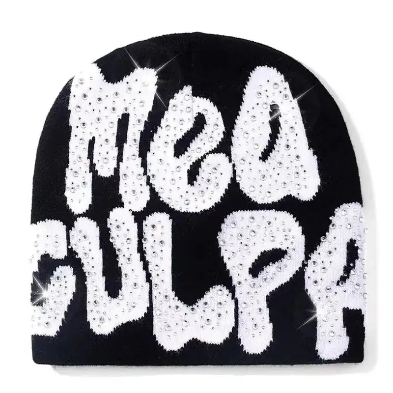 Black knit rhinestone beanie with sequined Mea culpa for a trendy Y2K fashion statement