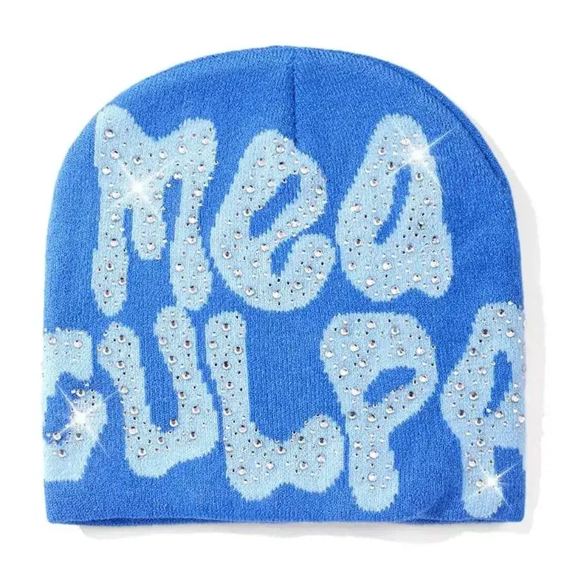 Blue knit rhinestone beanie with Meow lettering for a trendy Y2K fashion statement