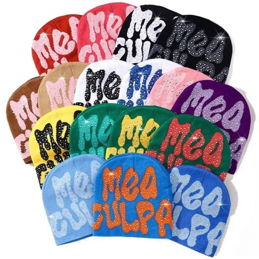 Colorful Rhinestone Beanie collection featuring repeated Med text for a chic Y2K fashion statement