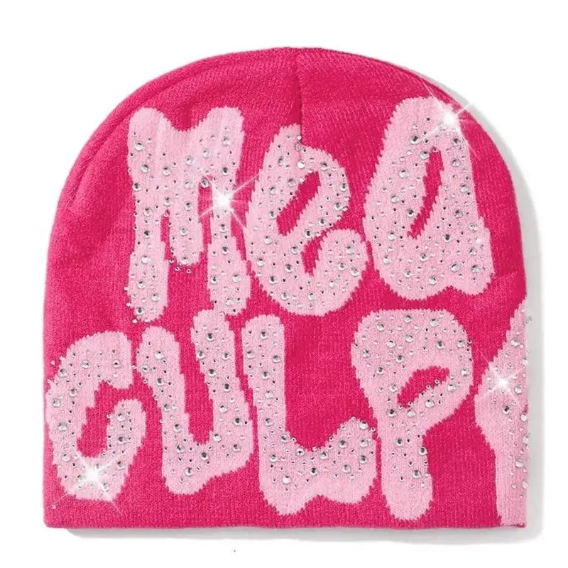 Pink Rhinestone Beanie featuring Meow text in lighter pink, ideal for a Y2K fashion statement