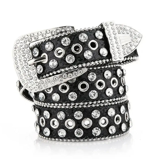 Studded black leather rhinestone belt with an encrusted buckle for a Y2K vibe