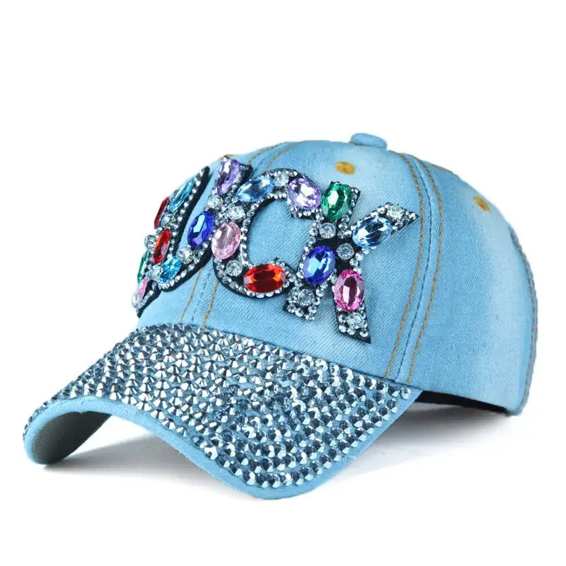 Light blue Rhinestone Cap with jeweled LOVE embellishments and rhinestone studs