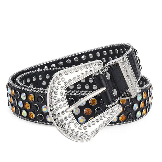 Studded black leather Rhinestone Cowboy Belt with silver buckle and gemstone accents