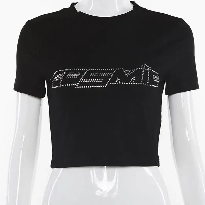 Black rhinestone crop top featuring COSMIC design, perfect for Y2K fashion lovers