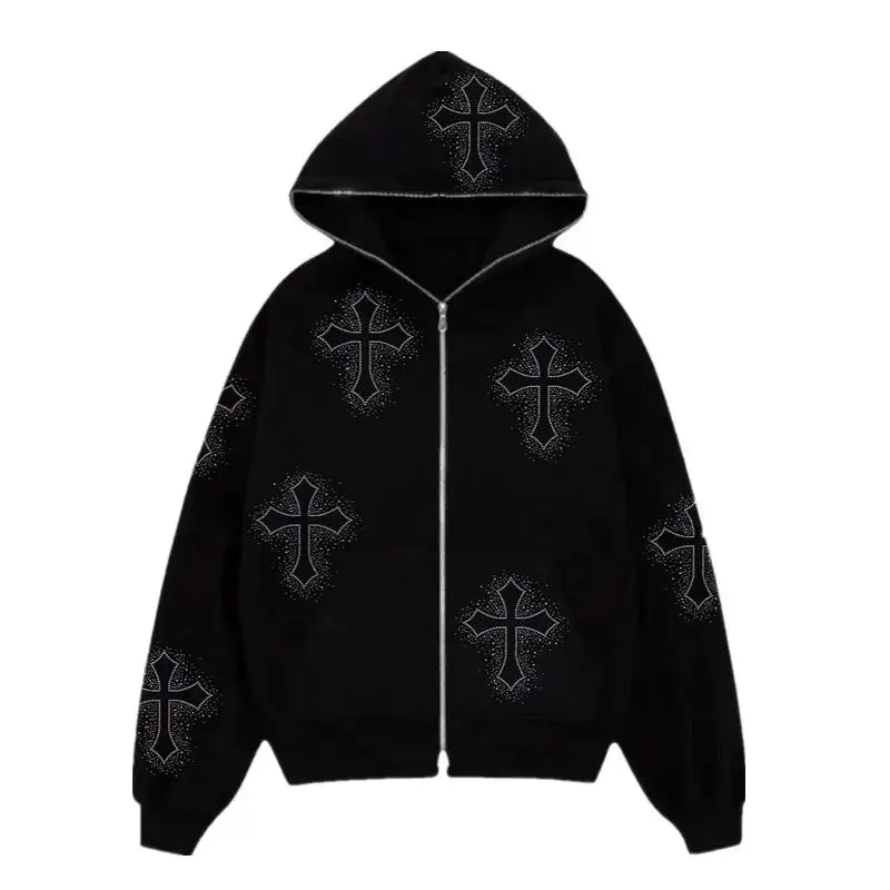 Black hooded sweatshirt featuring rhinestone cross patterns, perfect for Y2K fashion