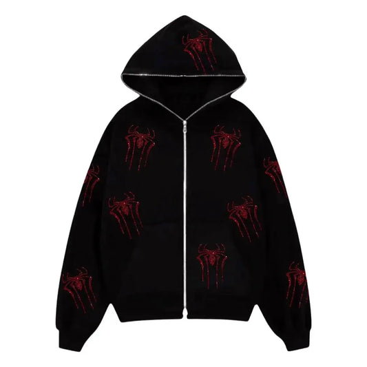 Black hooded zip-up jacket with red graphic designs, perfect Rhinestone Cross Hoodie