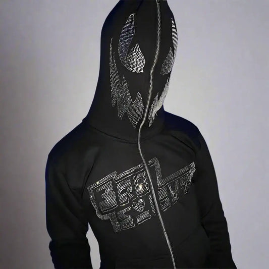 Black Rhinestone Hoodie featuring a metallic skull design, perfect for Y2K fashion