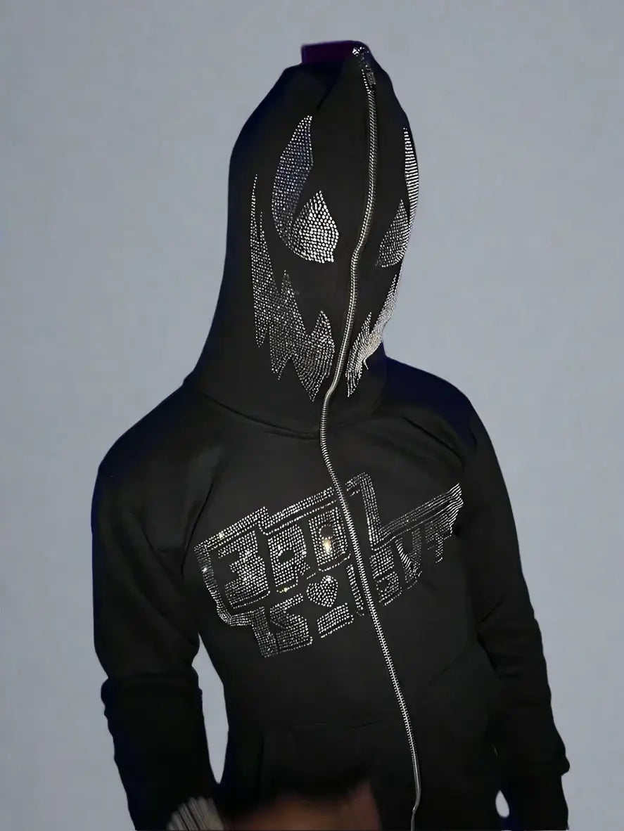 Hooded Rhinestone Hoodie featuring a stylish skull design, perfect for Y2K fashion