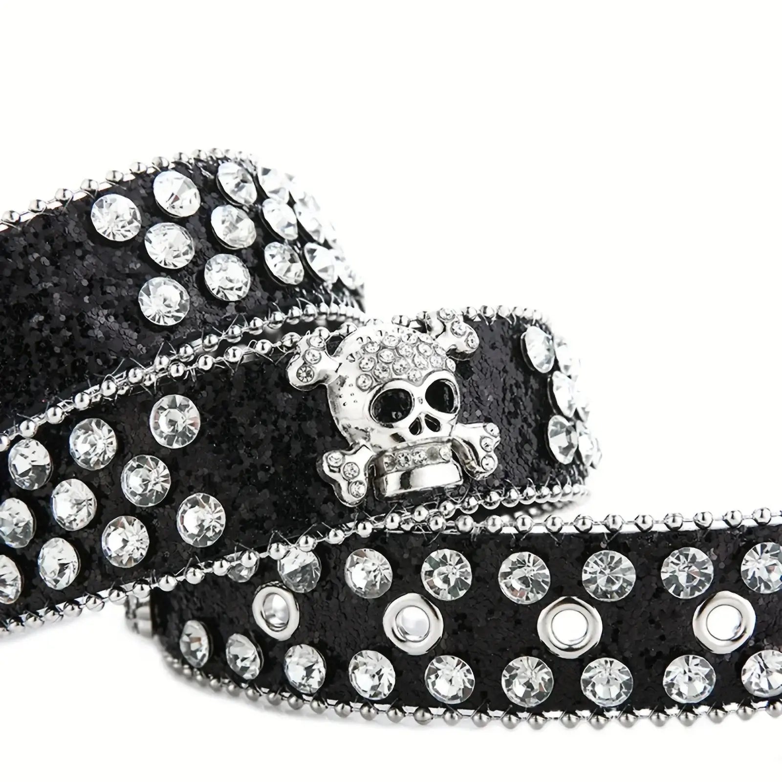 Black leather Rhinestone Skull Belt with rhinestones and skull-and-crossbones buckle