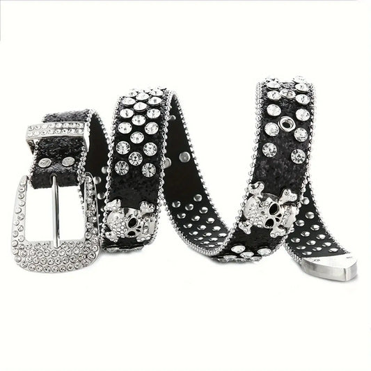 Studded black leather rhinestone skull belt with decorative buckle and rhinestones