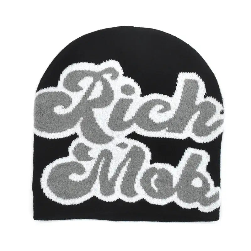 Black knit Rich Mob Beanie featuring gray and white text design