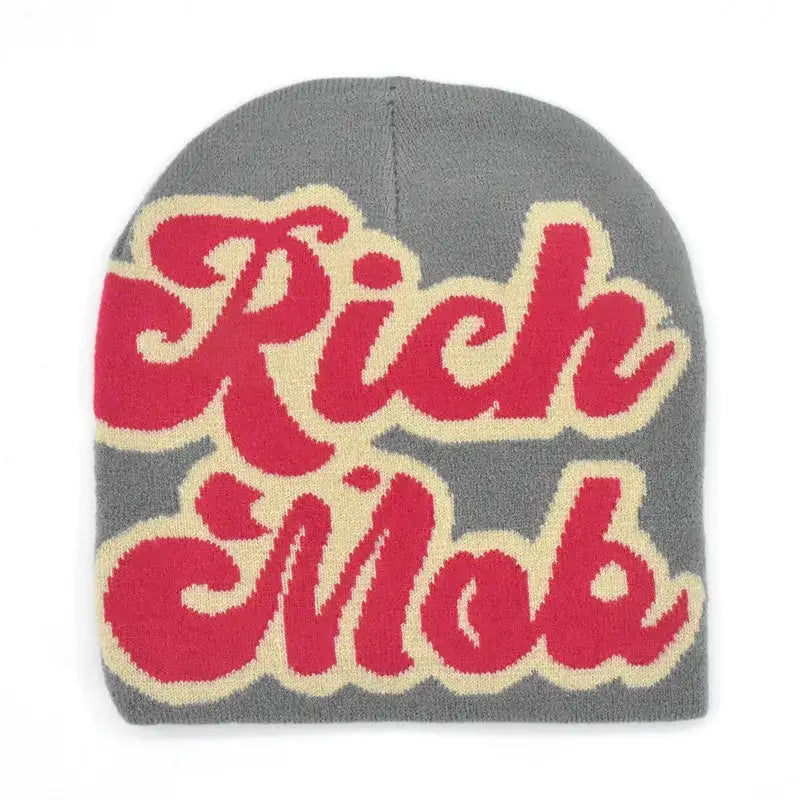 Gray Rich Mob Beanie with red and yellow text for stylish winter fashion