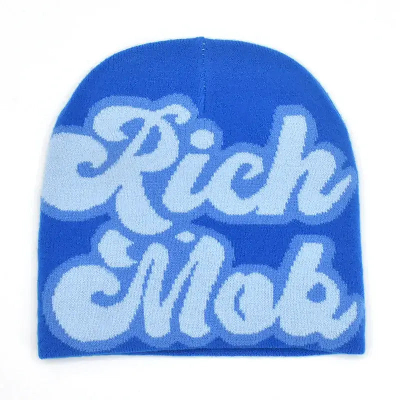 Blue knit Rich Mob Beanie featuring lighter blue lettering on a stylish hat