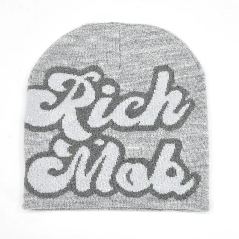 Gray knit Rich Mob Beanie featuring white ’Rich Mob’ lettering for stylish warmth