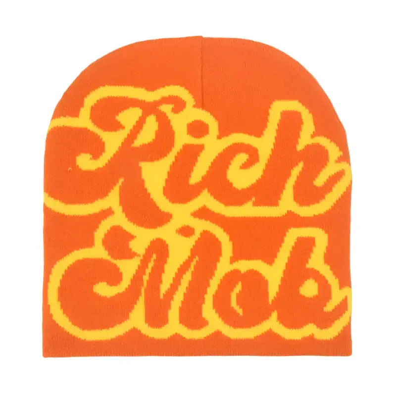 Orange Rich Mob Beanie featuring yellow text design for trendy streetwear style