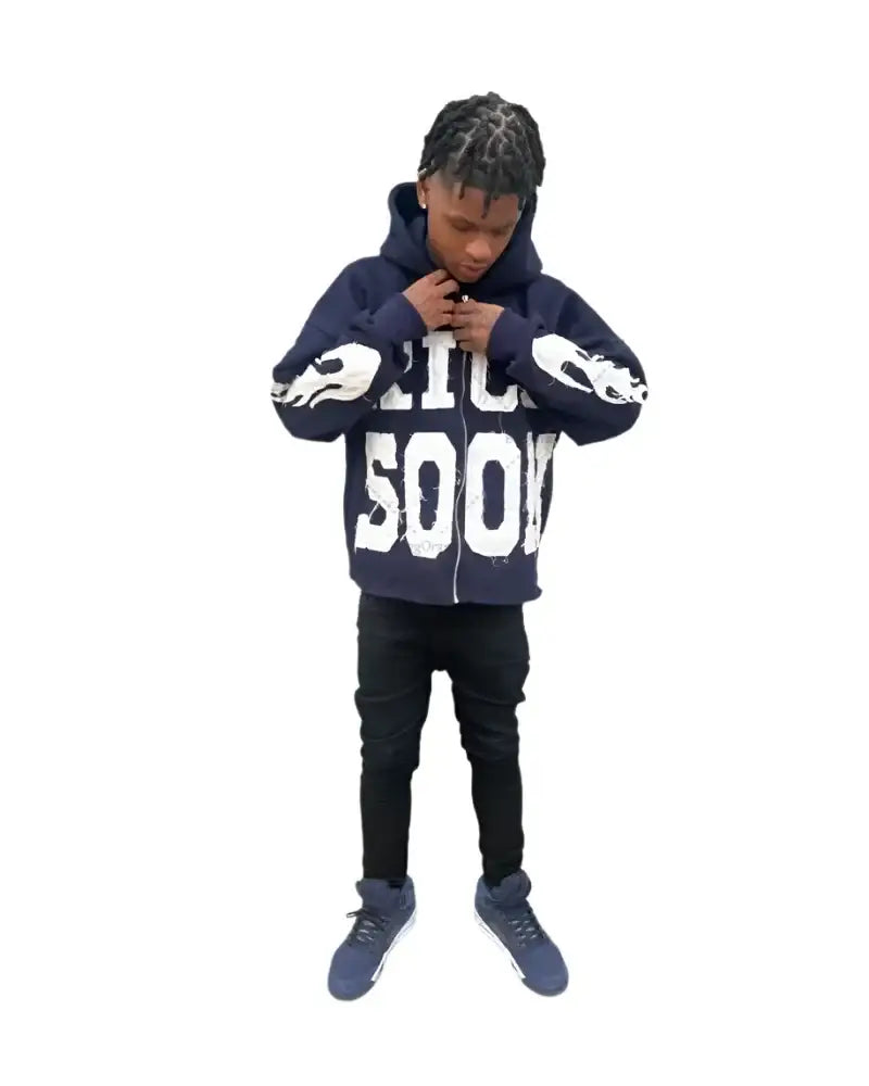 Young boy in navy blue Rich Soon Hoodie featuring 500, a trendy Y2K design