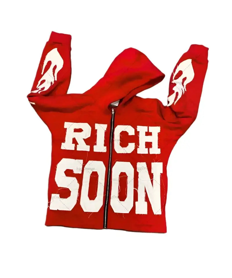 Red Y2K hoodie with Rich Soon printed in white for stylish casual wear