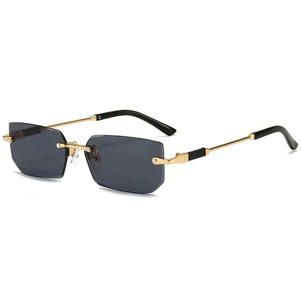 Rimless rectangle sunglasses with gold metal frames and dark lenses for stylish look