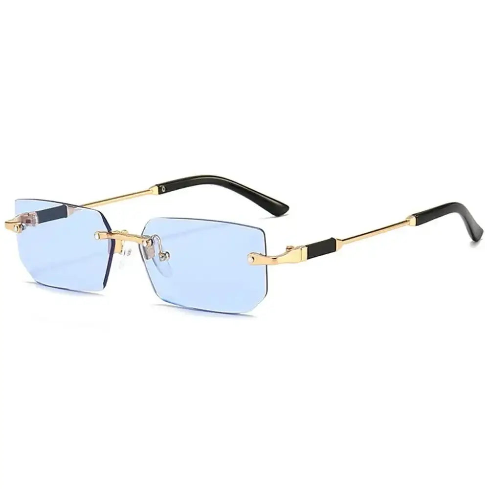 Rimless rectangle sunglasses with light blue lenses and gold-tone metal frames