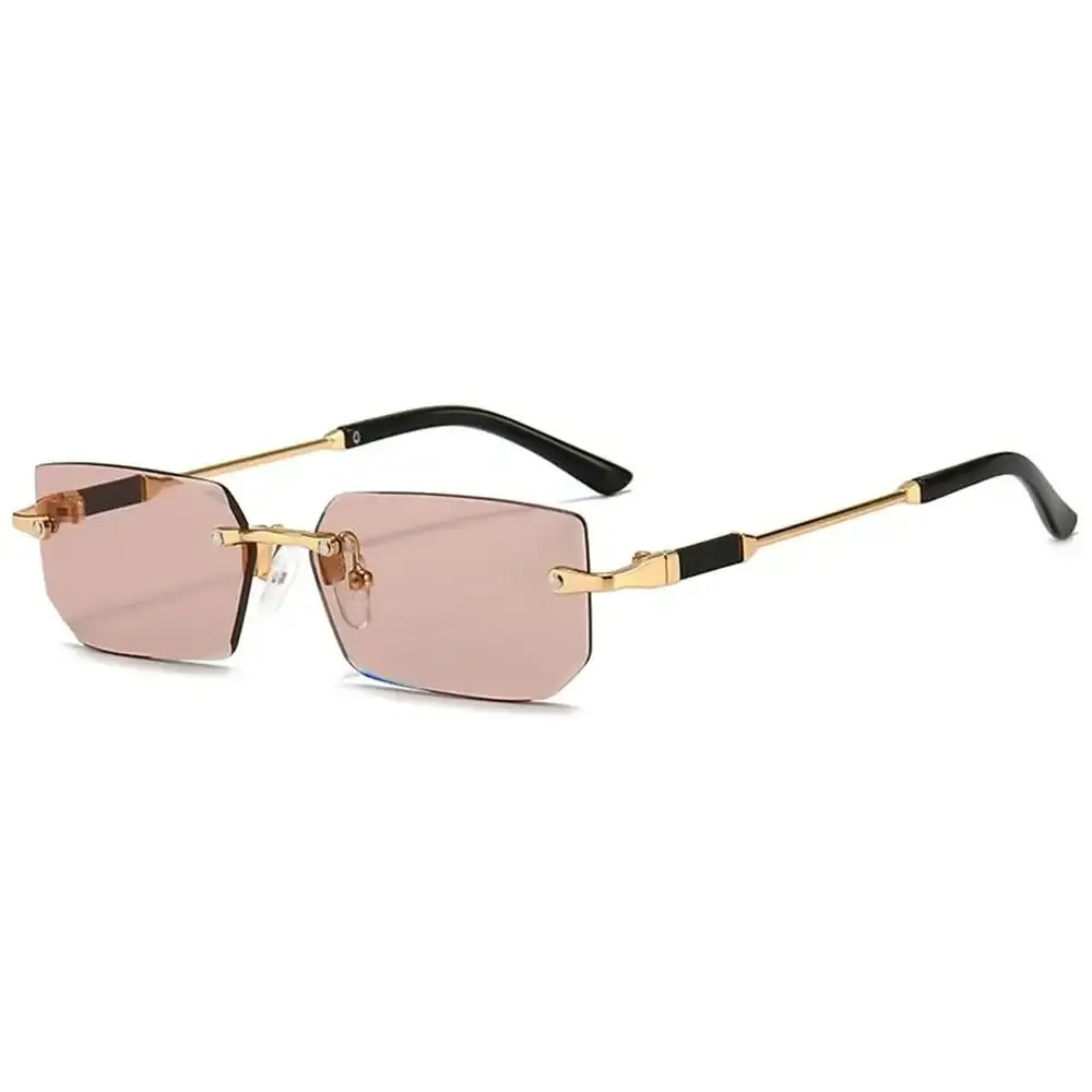 Rimless rectangle sunglasses with gold frames and light pink lenses