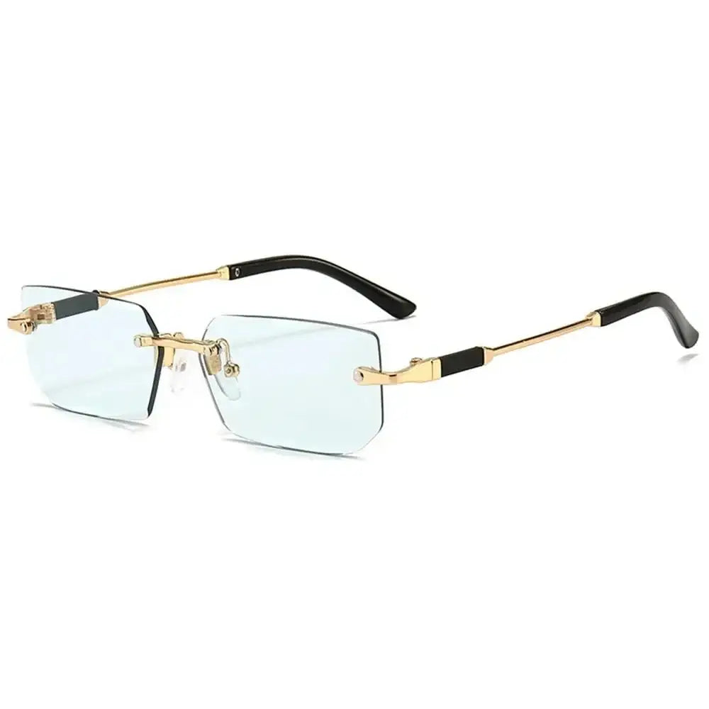 Rimless rectangle sunglasses featuring gold metal frames and light blue-tinted lenses