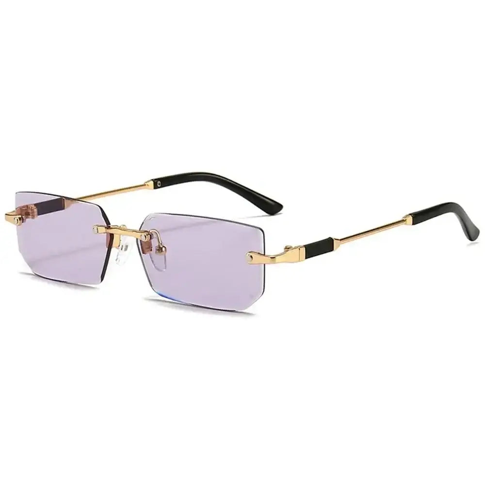 Rimless rectangle sunglasses with light purple lenses and gold-tone frames