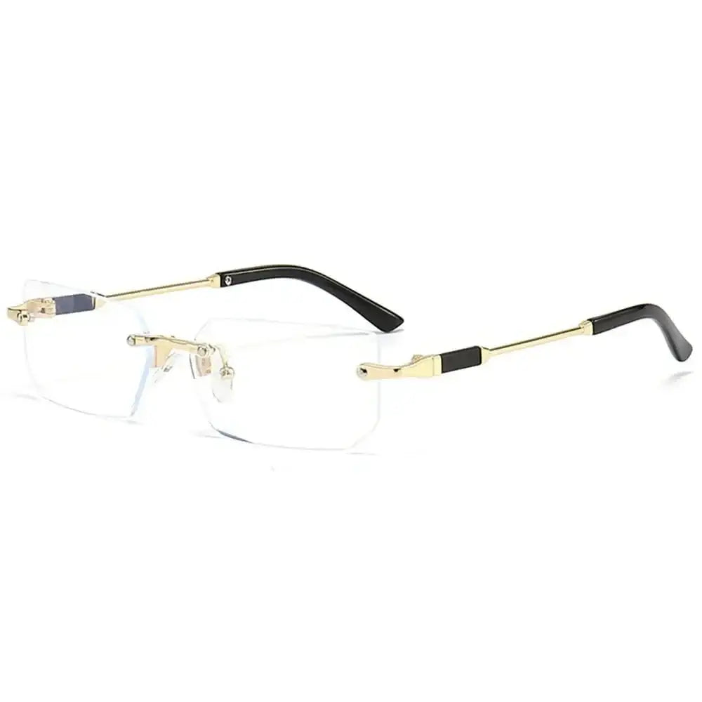 Rimless rectangle sunglasses featuring gold-colored metal arms for a stylish look