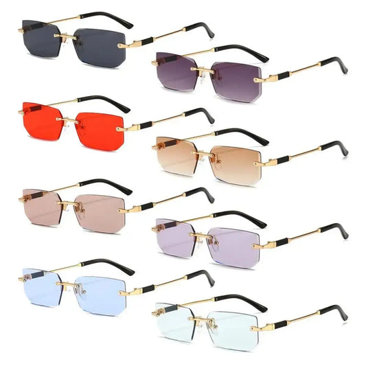 Collection of rimless rectangle sunglasses featuring gold-toned frames and colorful lenses