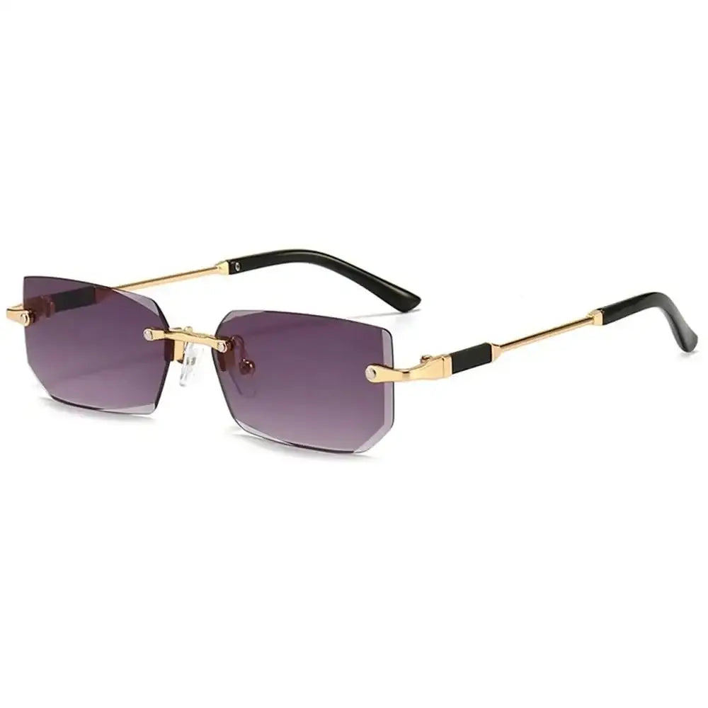 Rimless Rectangle Sunglasses with gold frames and purple gradient lenses