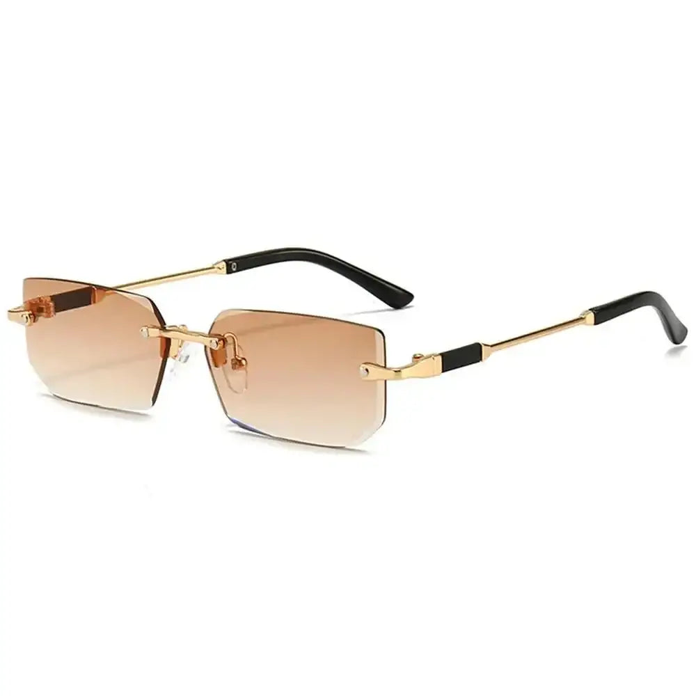 Rimless rectangle sunglasses with gold metal frames and gradient brown lenses