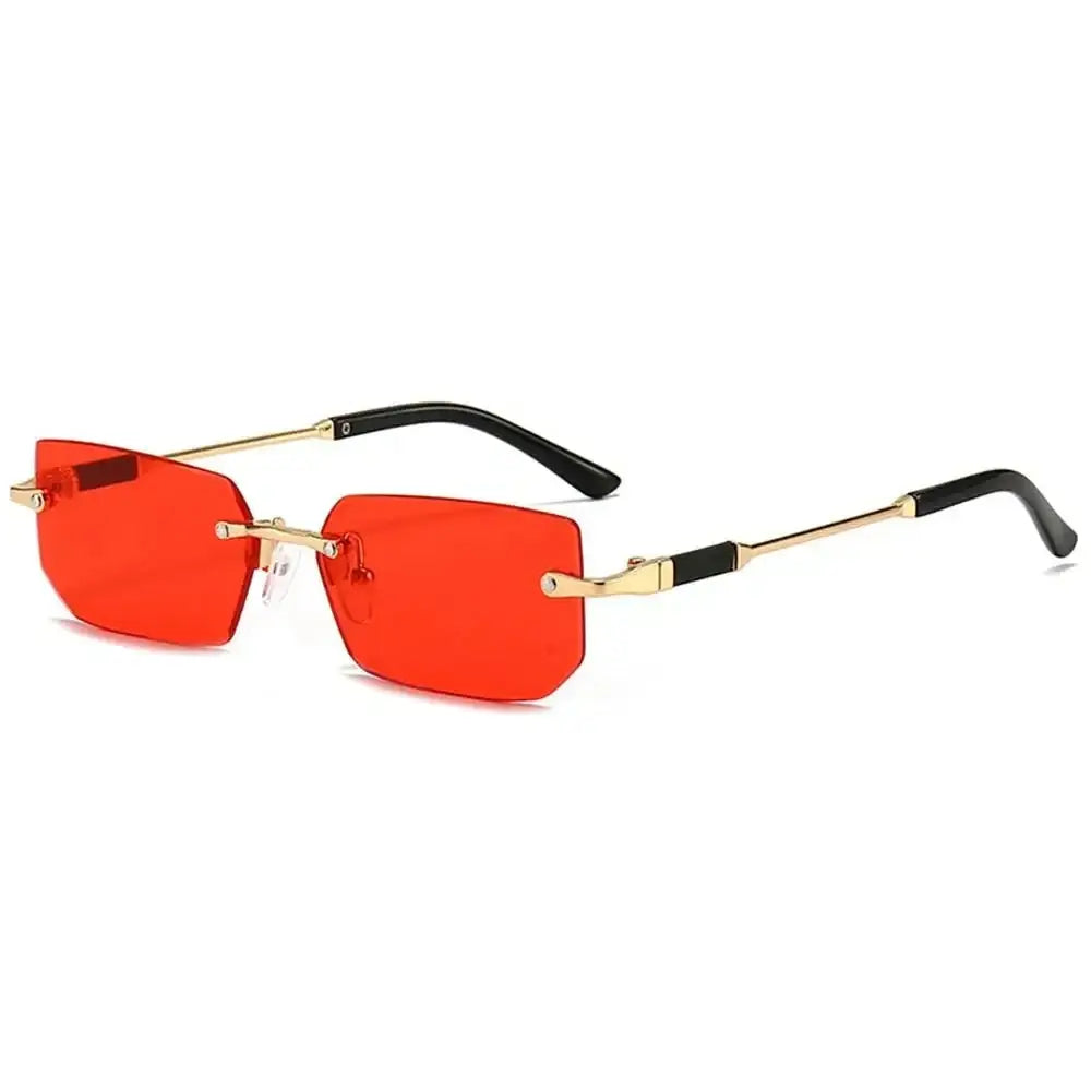 Rimless rectangle sunglasses with red lenses and gold-tone frames, stylish eyewear