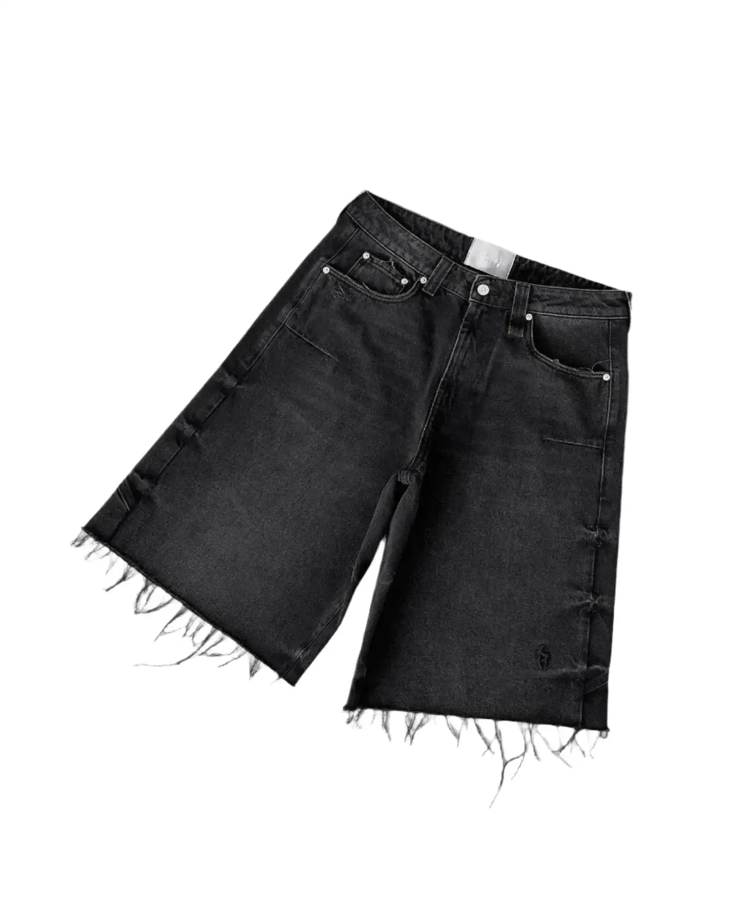 Black denim ripped jean shorts with frayed edges for a stylish summer look