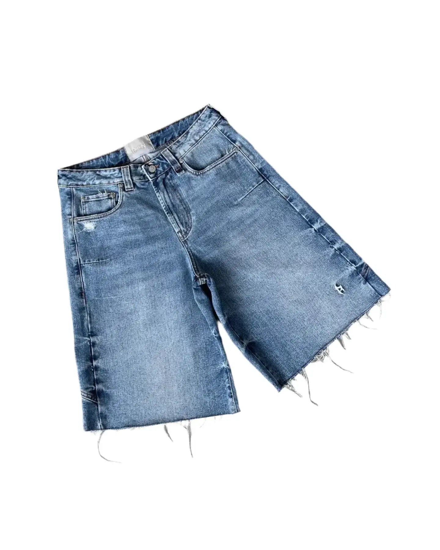 Light blue ripped jean shorts with frayed edges for a trendy summer look